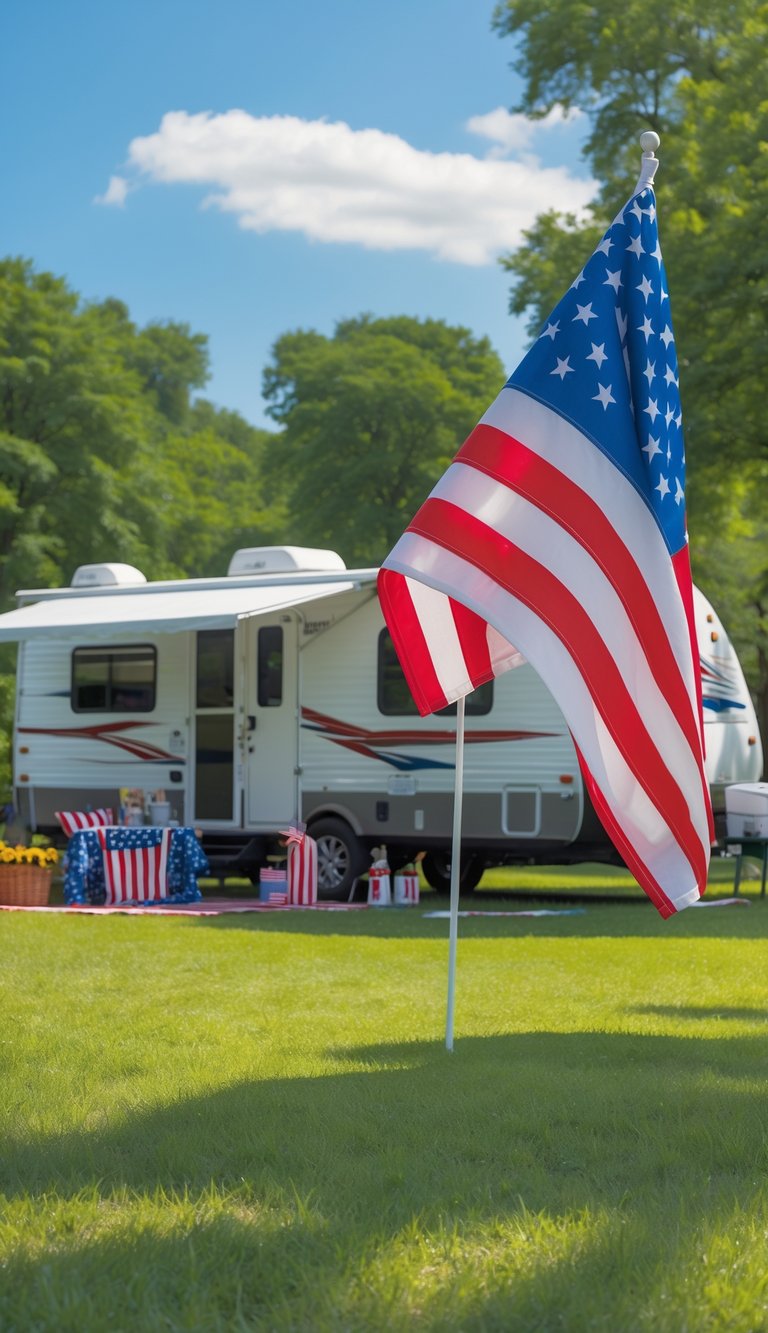 A campsite with an RV and a garden flag featuring red, white, and blue stars and stripes, surrounded by green grass and trees on a sunny day.