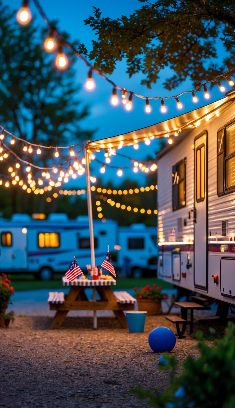 Outdoor RV campsite decorated with string lights and miniature American flags for the Fourth of July.