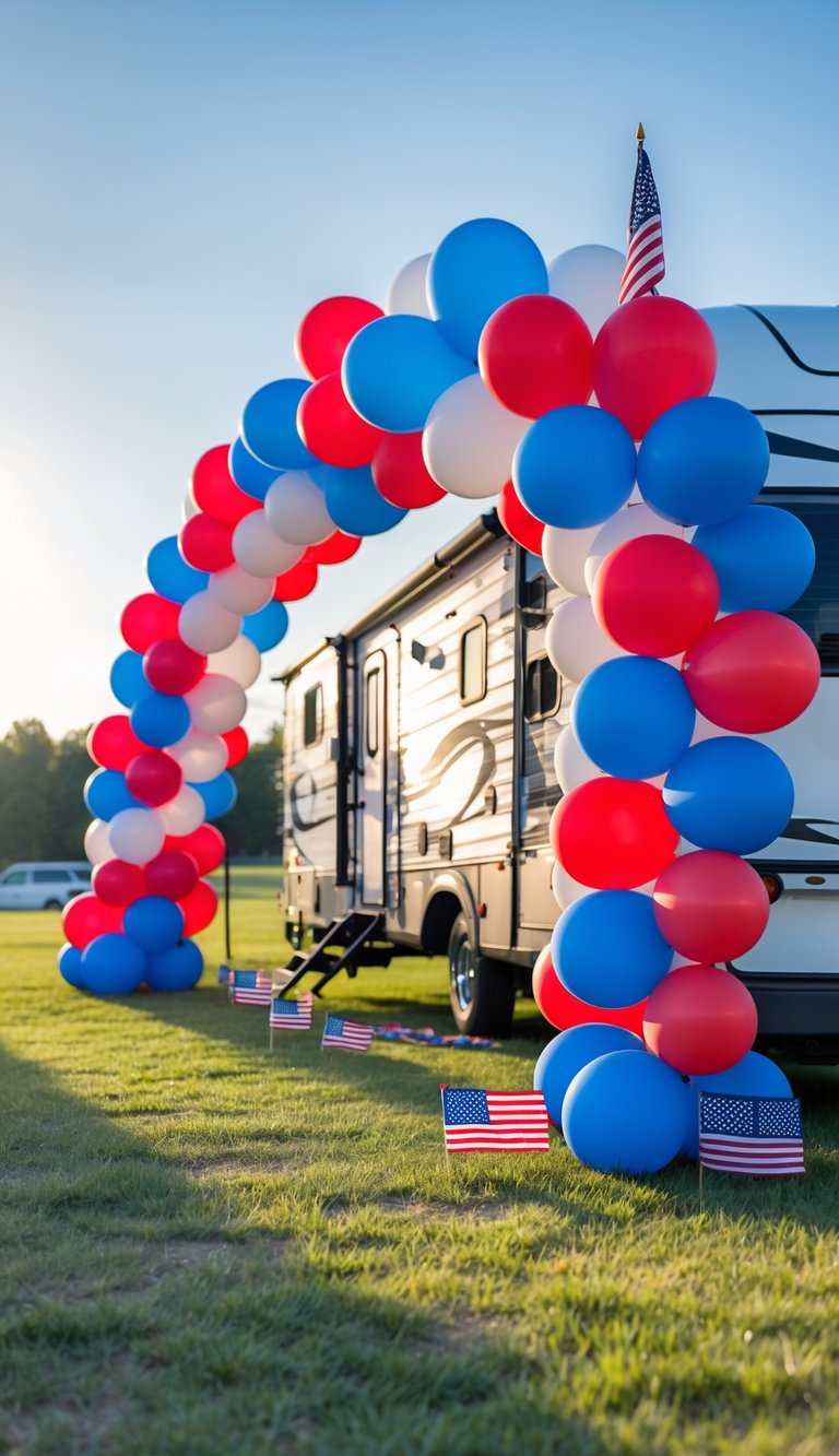 A red, white, and blue balloon arch next to an RV outdoors with patriotic decorations and a clear sky.