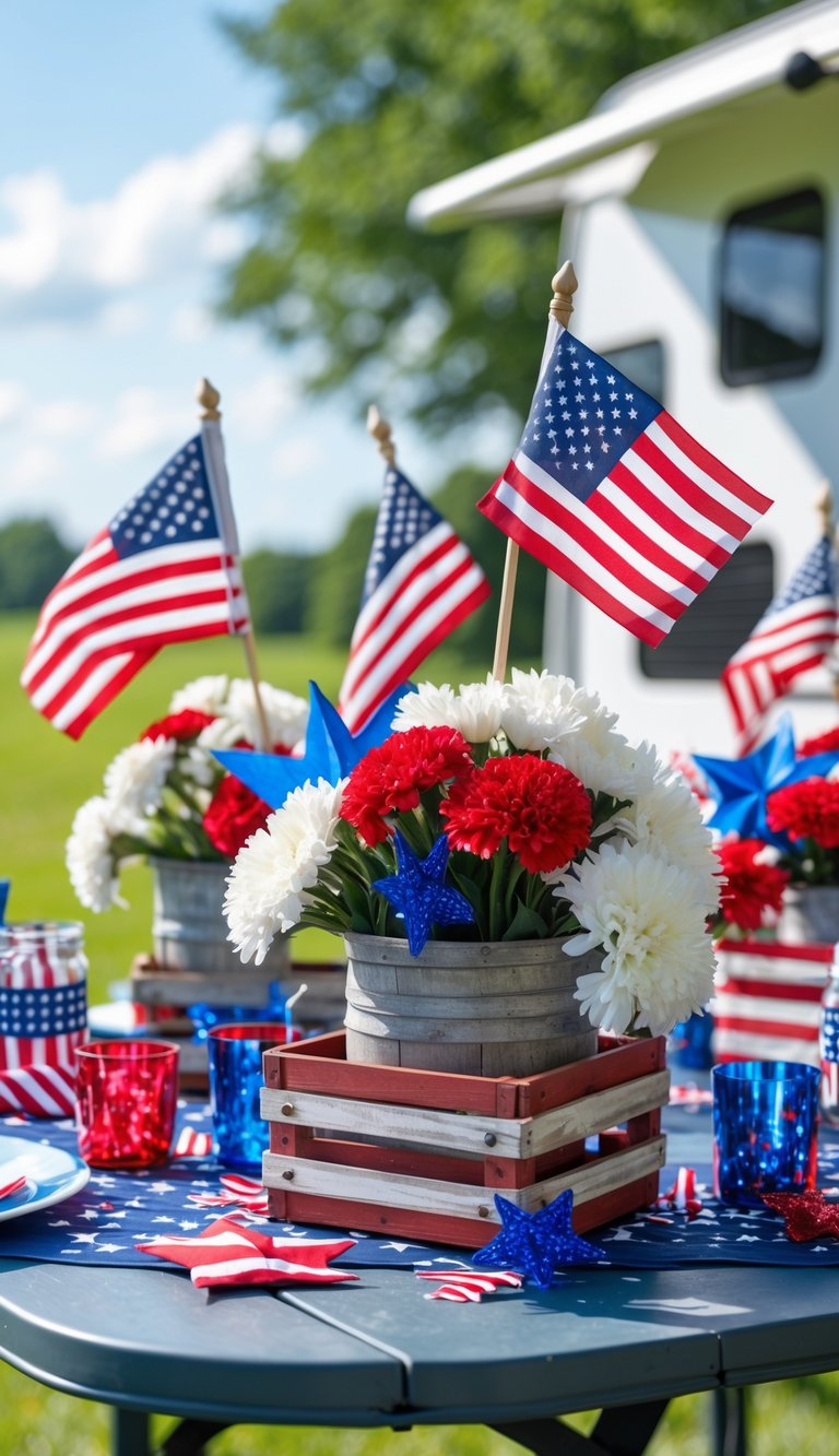 Table outdoors decorated with American flag themed centerpieces including flowers and small flags, set for a Fourth of July celebration.