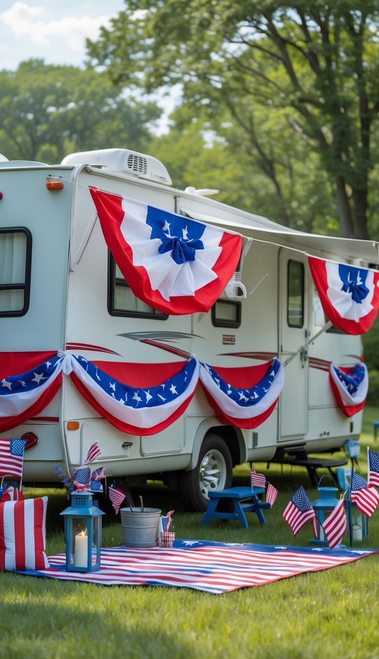 An RV decorated with red, white, and blue star-spangled bunting outdoors on a sunny day.