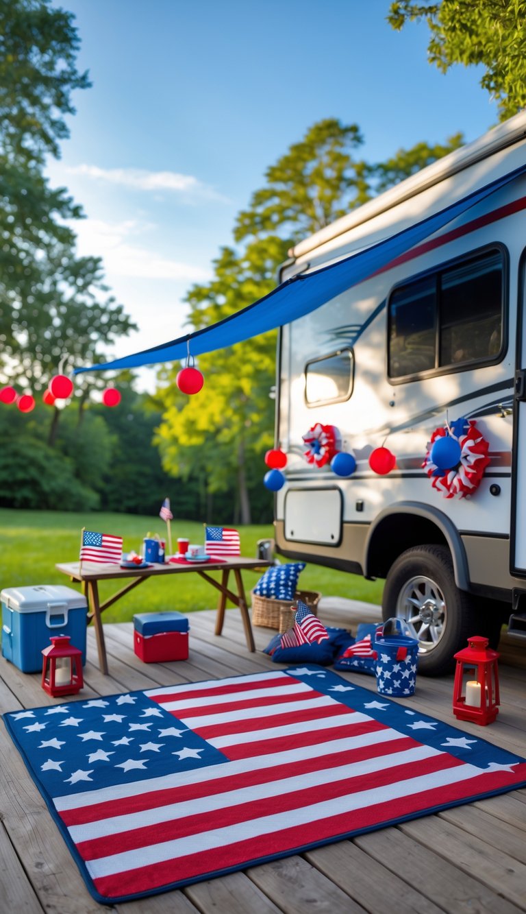 Outdoor deck beside an RV with a red, white, and blue patriotic rug and Fourth of July decorations including flags and lanterns under clear skies.