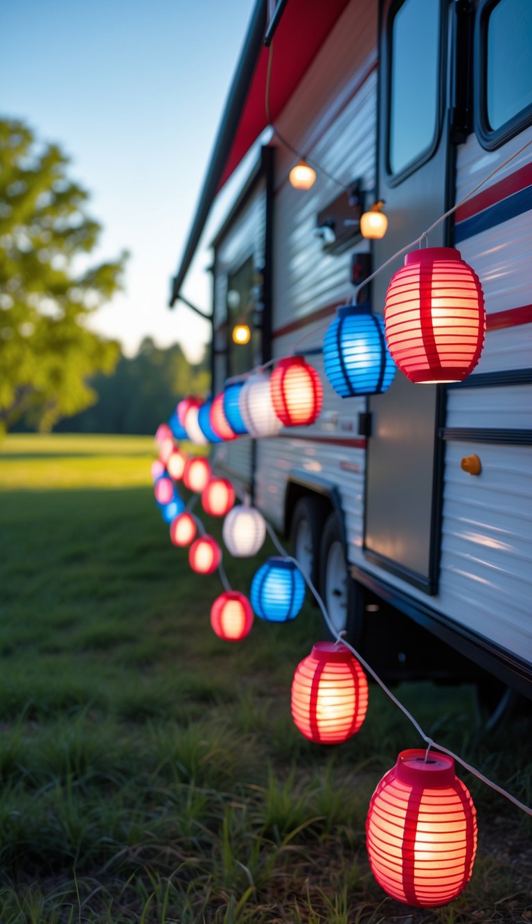 Red, white, and blue LED lanterns hanging on the side of an RV decorated for the Fourth of July outdoors.