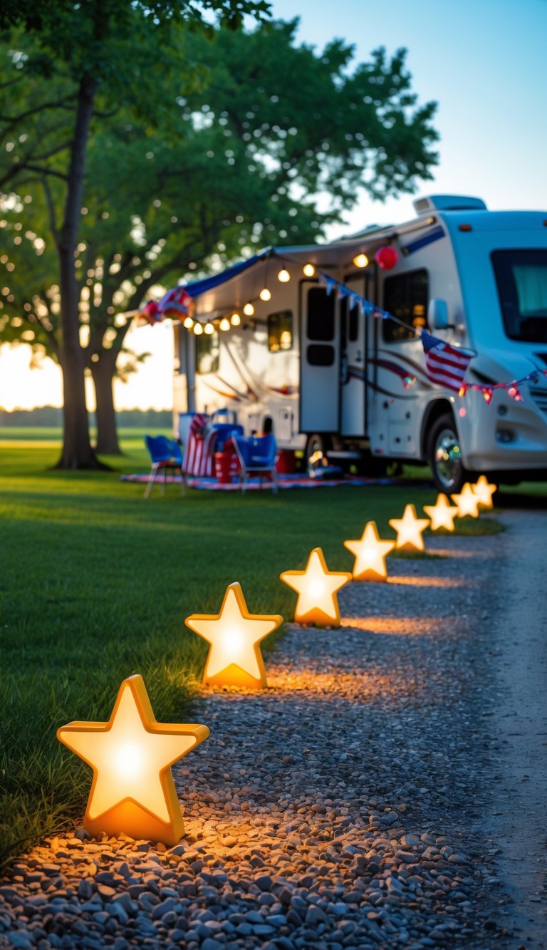An RV campsite decorated with glowing patriotic pathway markers and small American flags along a gravel path during the day.