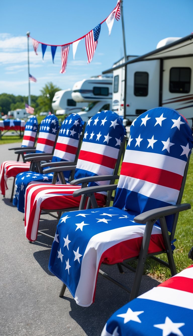 A row of RV chairs outdoors with American flag-themed covers and patriotic decorations on a sunny day.
