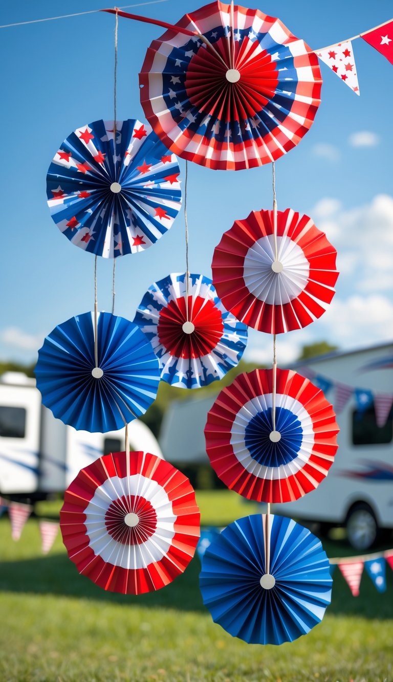 Colorful red, white, and blue paper fans hanging outdoors near an RV on a sunny day.