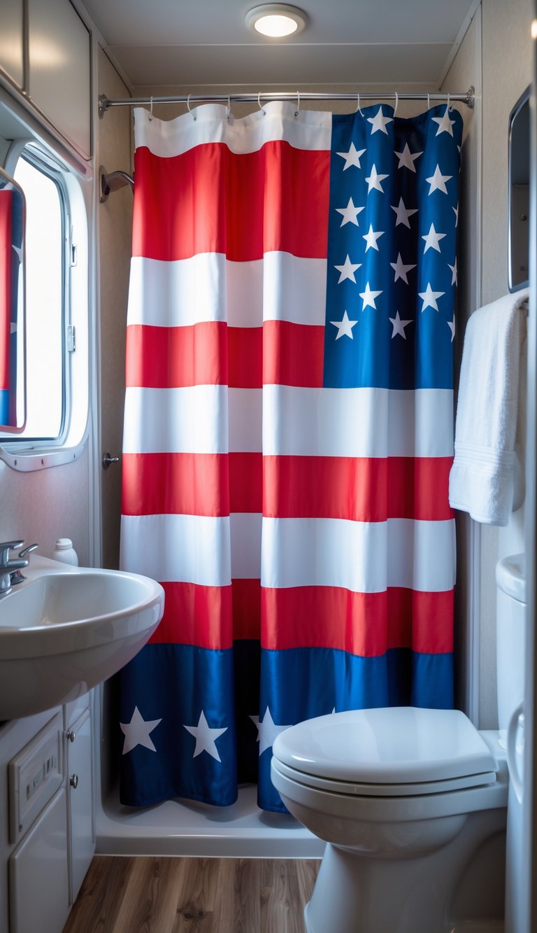 RV bathroom with an American flag shower curtain and modern fixtures.