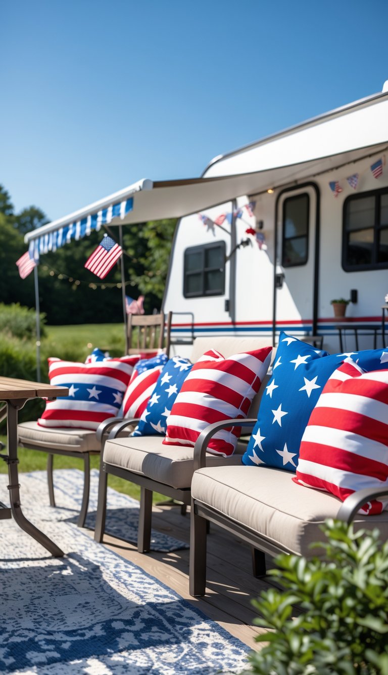 Outdoor RV seating area with cushions featuring red, white, and blue stars and stripes decorations for the Fourth of July.