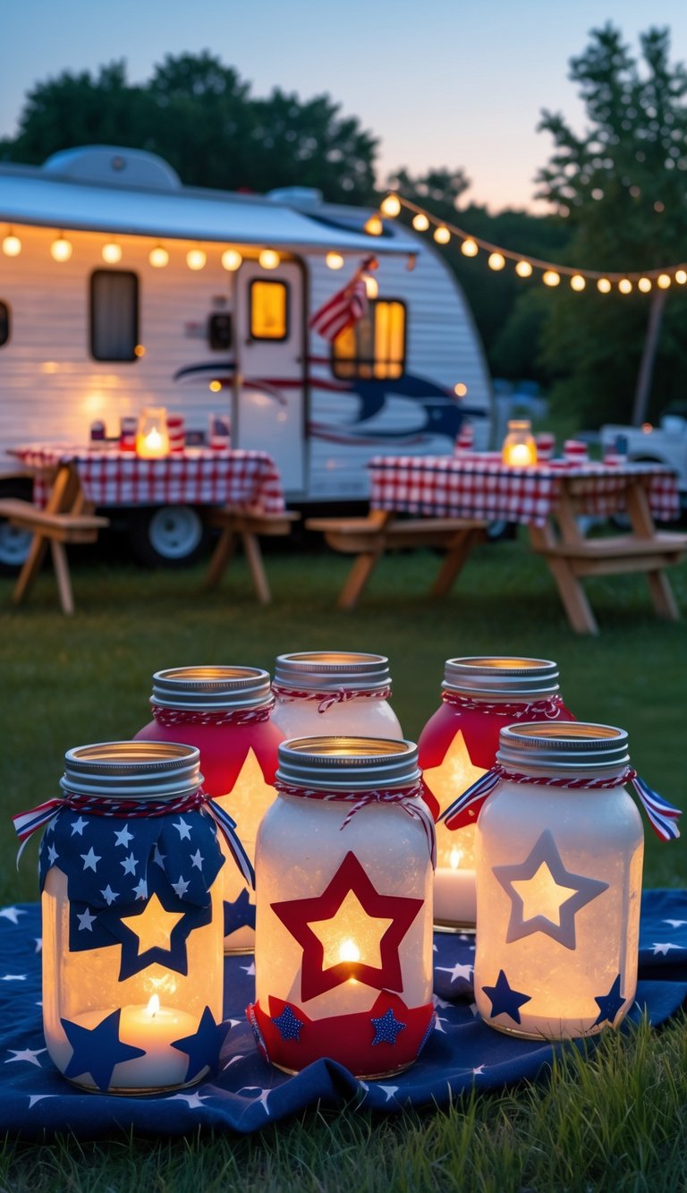 Mason jar lanterns decorated with red, white, and blue colors glowing outdoors near a decorated RV during a Fourth of July celebration.