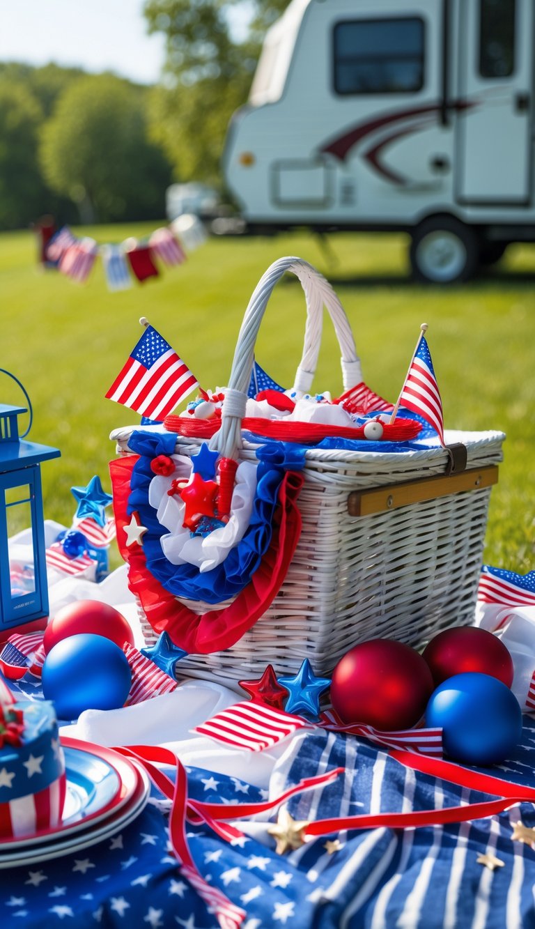 A picnic basket decorated with red, white, and blue patriotic decorations set outdoors near an RV on a sunny day.