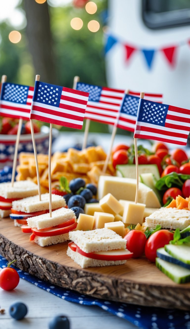 Close-up of snacks with miniature American flag toothpicks on a wooden platter, set in an outdoor picnic scene with festive decorations.