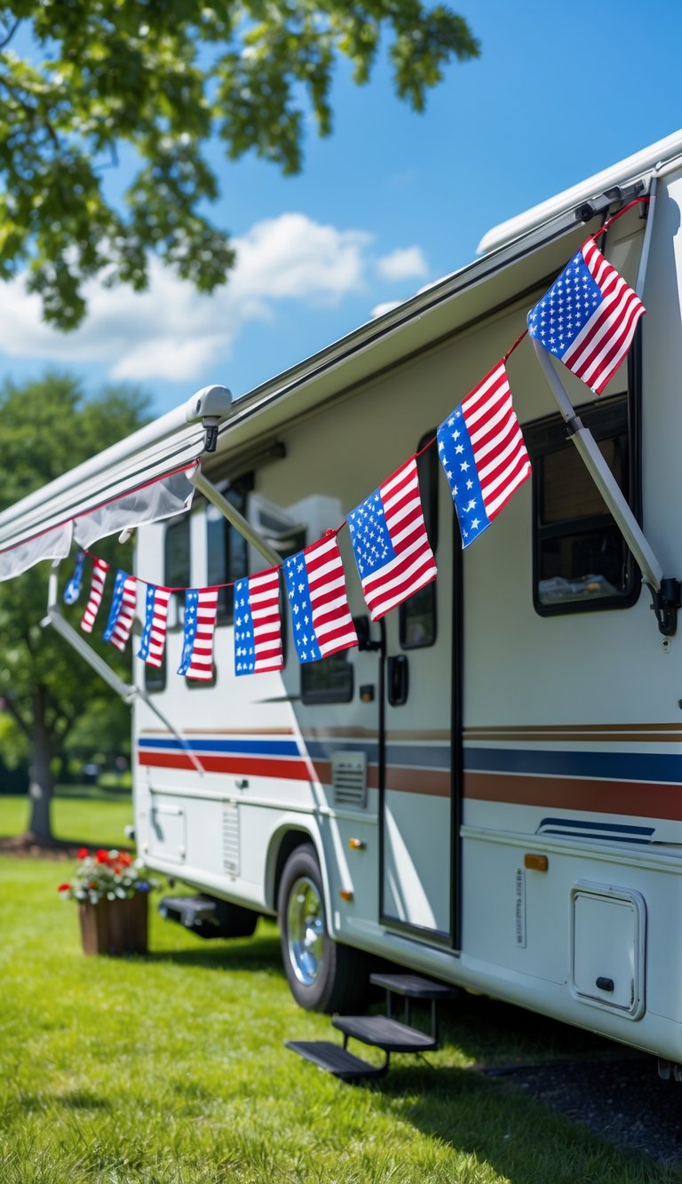 An RV with a red, white, and blue flag garland hanging from its awning outdoors on a sunny day.