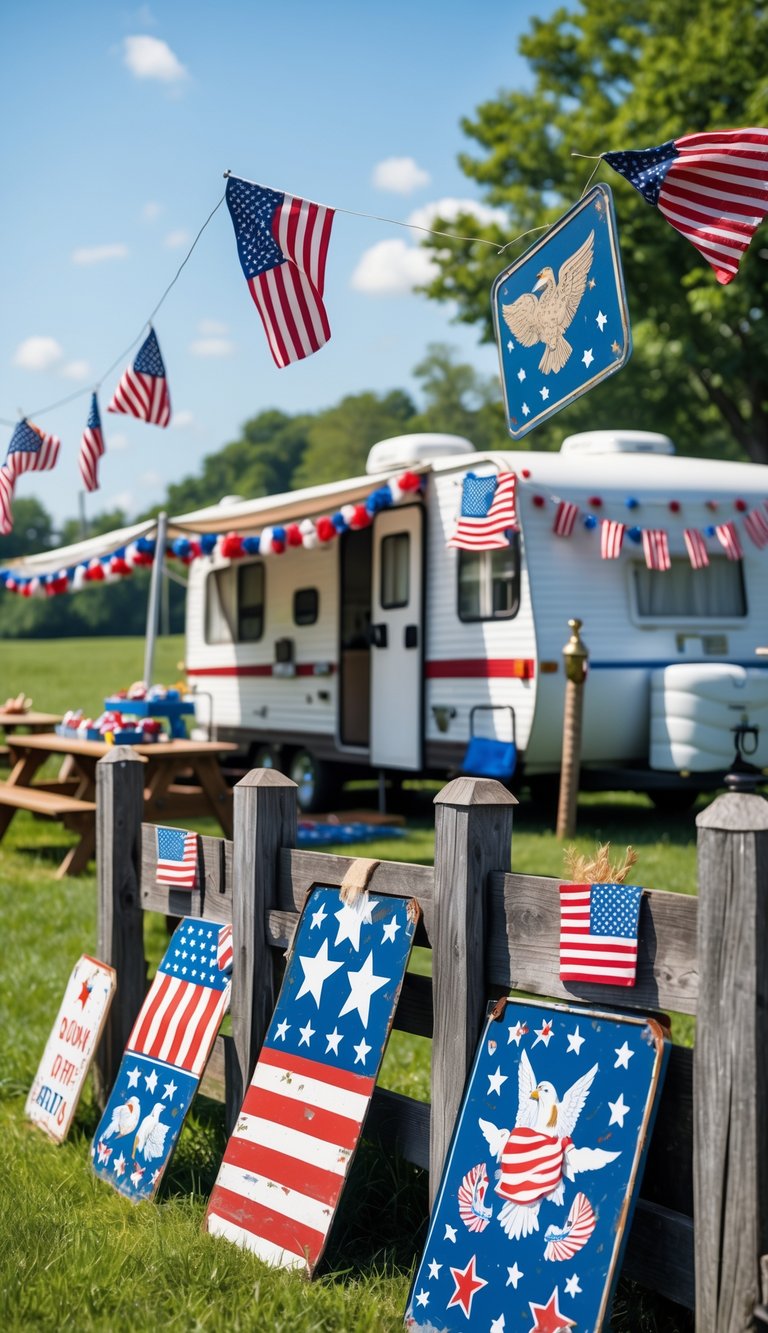 An RV decorated with American flags and vintage tin patriotic signs outdoors on a sunny day.