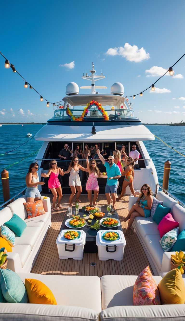 People enjoying a lively boat party on a luxury yacht with dancing, lounging, and water activities under clear skies.
