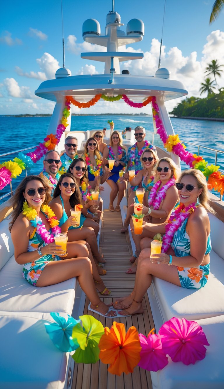 People enjoying a tropical-themed boat party with Hawaiian leis and tiki torches on a sunny day.