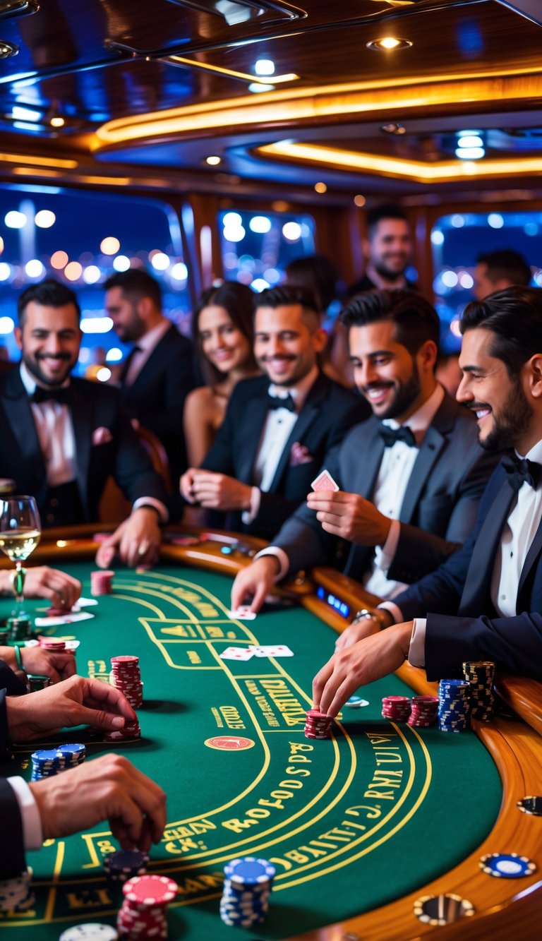 People playing poker and card games around tables on a boat at night during a lively party.