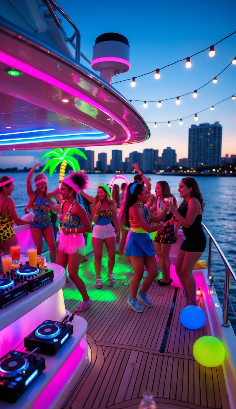 People dancing and socializing on a boat decorated with colorful neon lights during a lively party at twilight.