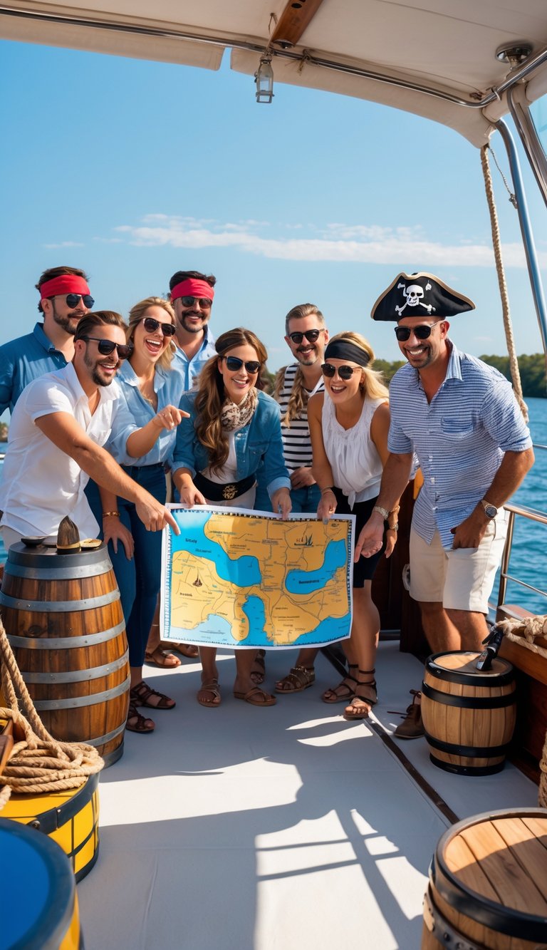 People wearing pirate accessories having fun on a boat, looking at treasure maps and enjoying a party on the water.