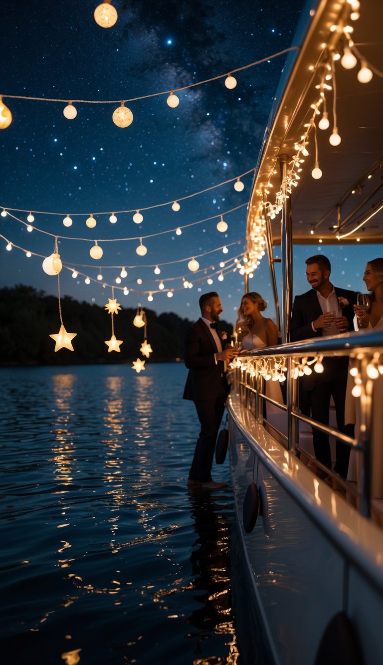 A nighttime boat party with people enjoying themselves under fairy lights and starry sky decorations.