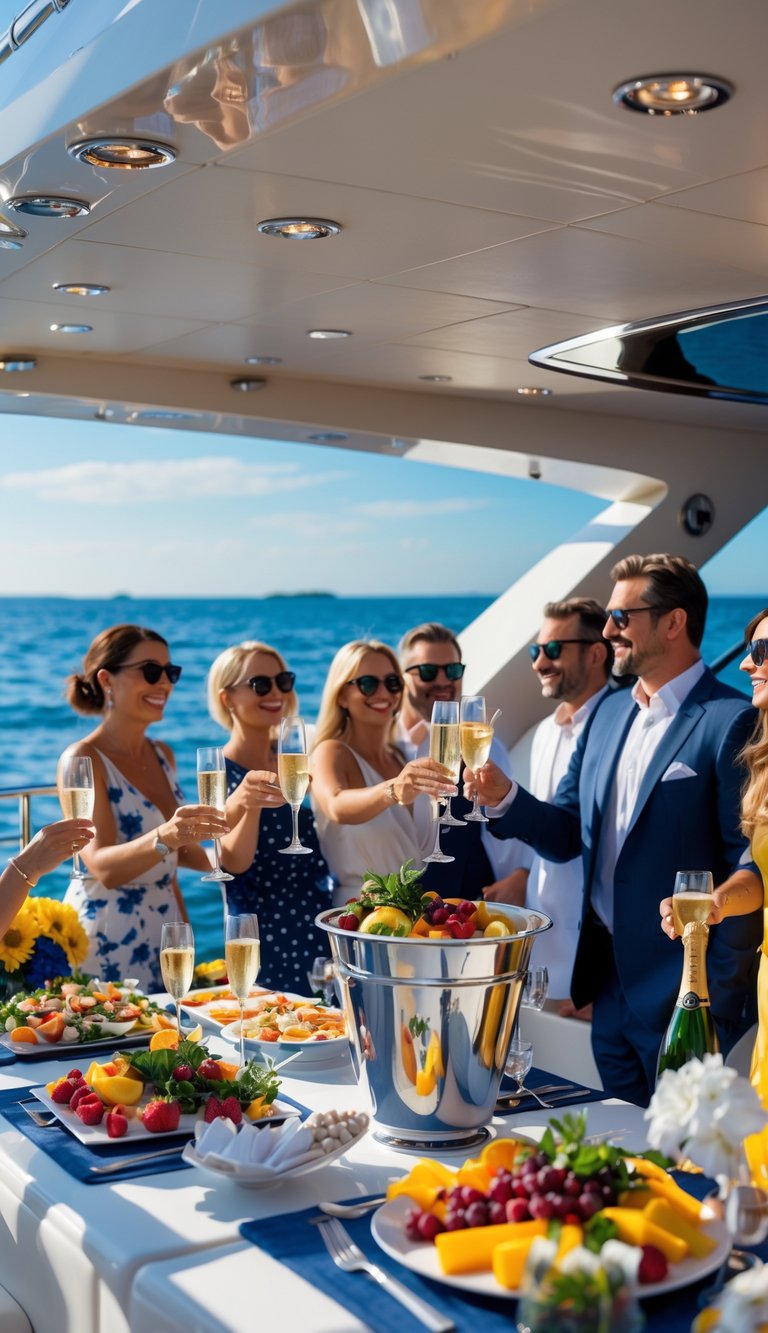 People enjoying a luxury yacht party with gourmet food and champagne on a sunny day at sea.