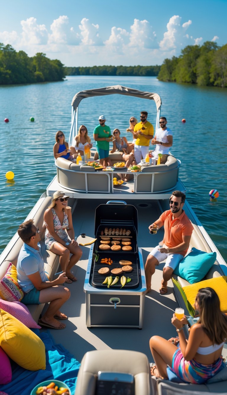 People enjoying a picnic on a pontoon boat with portable grills and playing beach games on the deck in sunny weather.