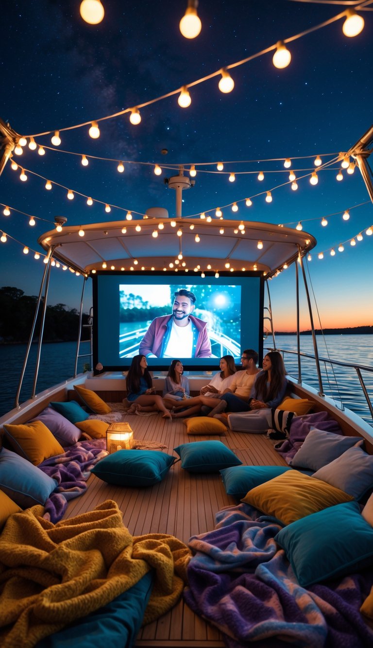 People enjoying an outdoor movie night on a boat under the starry sky with blankets and a projector screen.