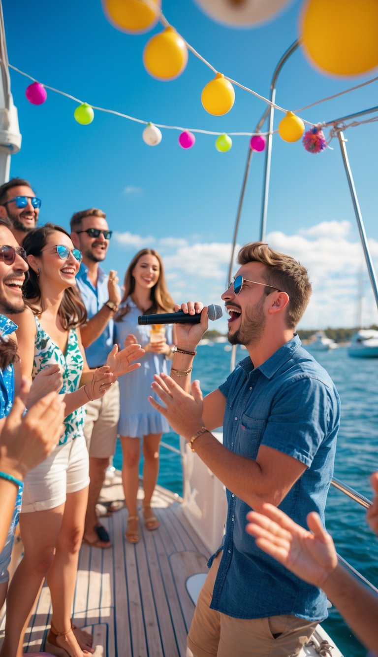 People singing and enjoying a karaoke contest on a boat deck during a sunny day.
