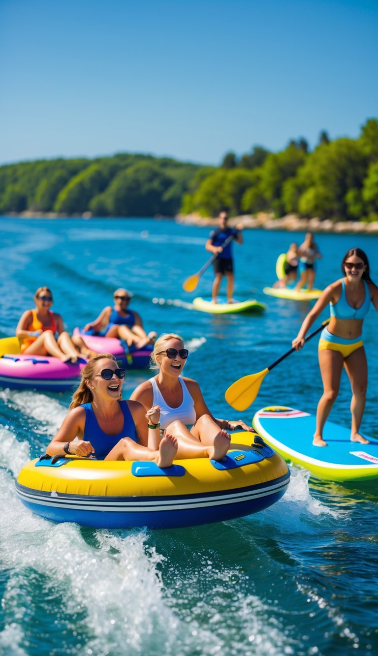 People enjoying tubing and paddleboarding on clear water during a sunny day with green trees in the background.