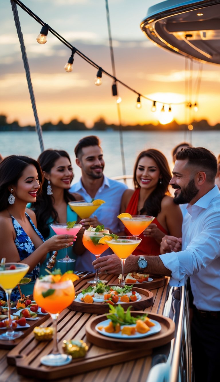 People enjoying cocktails and appetizers on a boat deck at sunset with warm lighting and calm water in the background.