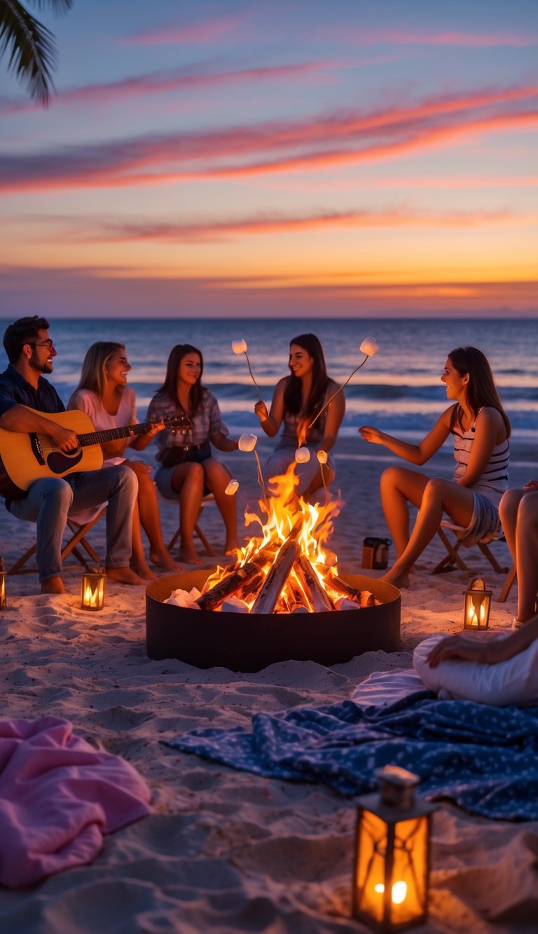 People sitting around a beach bonfire at sunset, one playing an acoustic guitar and others roasting marshmallows.
