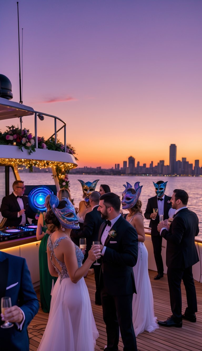 People wearing elegant masks dancing and socializing on a boat with a DJ playing music at sunset.
