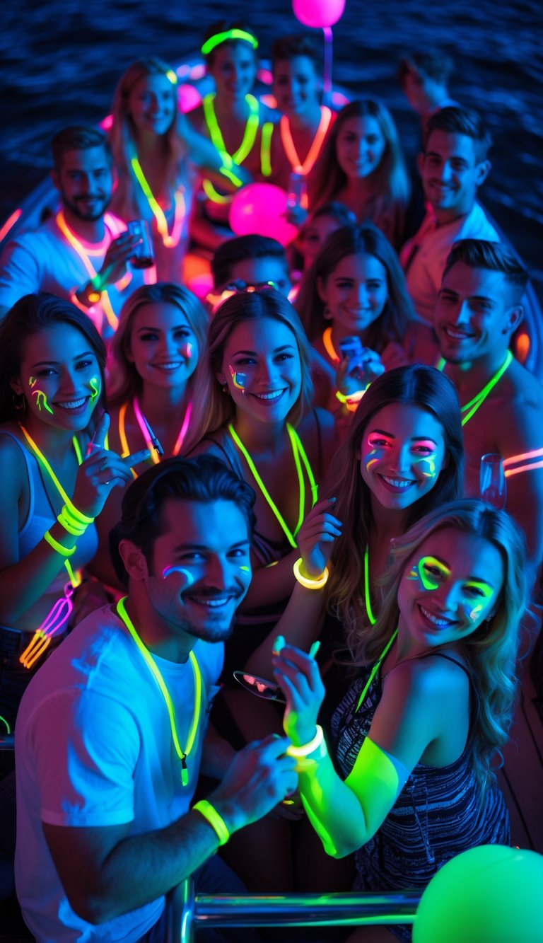 People enjoying a nighttime boat party with glowing neon paint under blacklights, dancing and socializing on the deck.