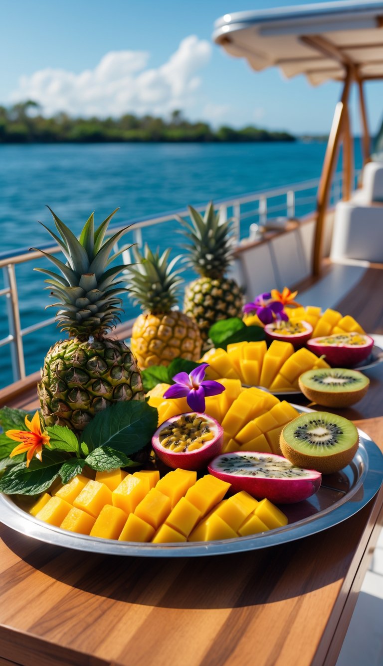 A table on a boat deck with platters of colorful tropical fruits and a calm ocean in the background.