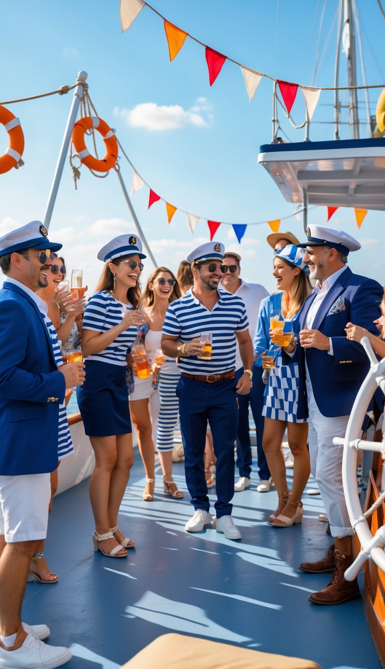 A group of people dressed as sailors and captains enjoying a boat-themed costume party on a decorated outdoor deck near the water.