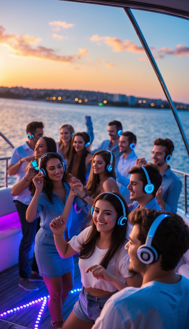People wearing wireless headphones dancing and enjoying a silent disco on a boat at sunset.