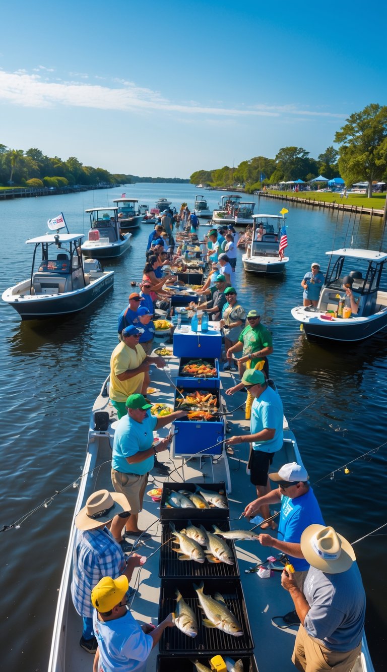 People enjoying a fishing tournament boat party with fresh fish cooking and entertainment on multiple boats on a sunny day.