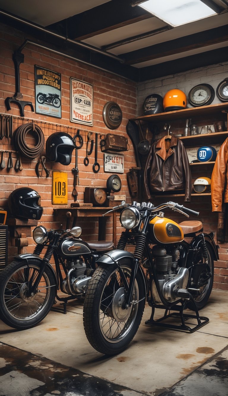 A garage interior with vintage motorcycles, retro signs, antique tools, helmets, and motorcycle parts arranged decoratively.