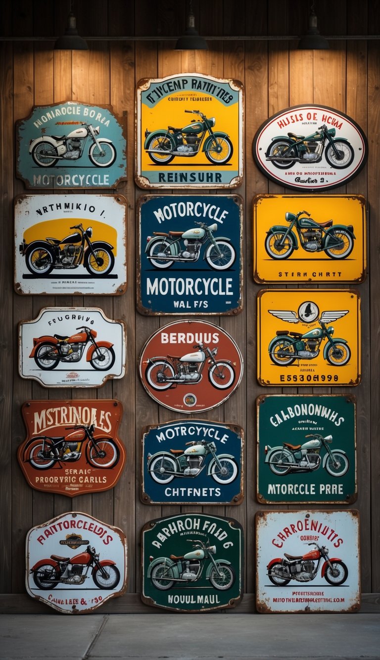 A garage wall decorated with multiple vintage metal motorcycle signs featuring classic motorcycle designs and retro styles.