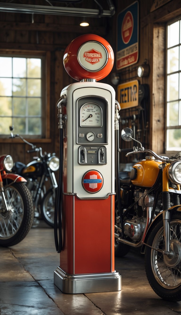 A vintage gas pump replica inside a motorcycle garage with several motorcycles and tools around.