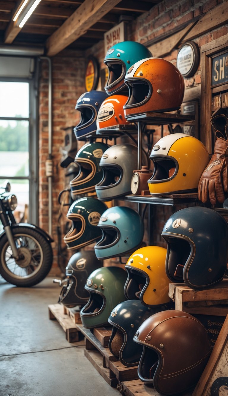 A display of 15 antique motorcycle helmets arranged on shelves in a vintage motorcycle garage with various memorabilia and tools around.