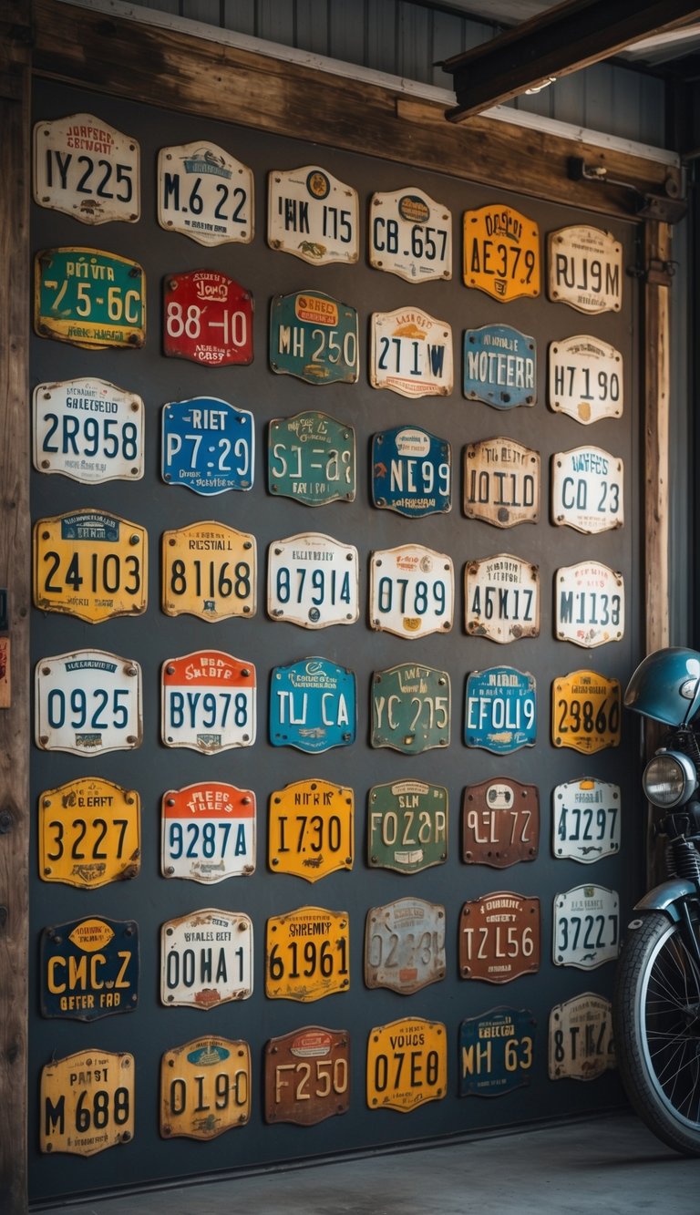 A collection of vintage motorcycle license plates displayed on a wall in a garage setting.