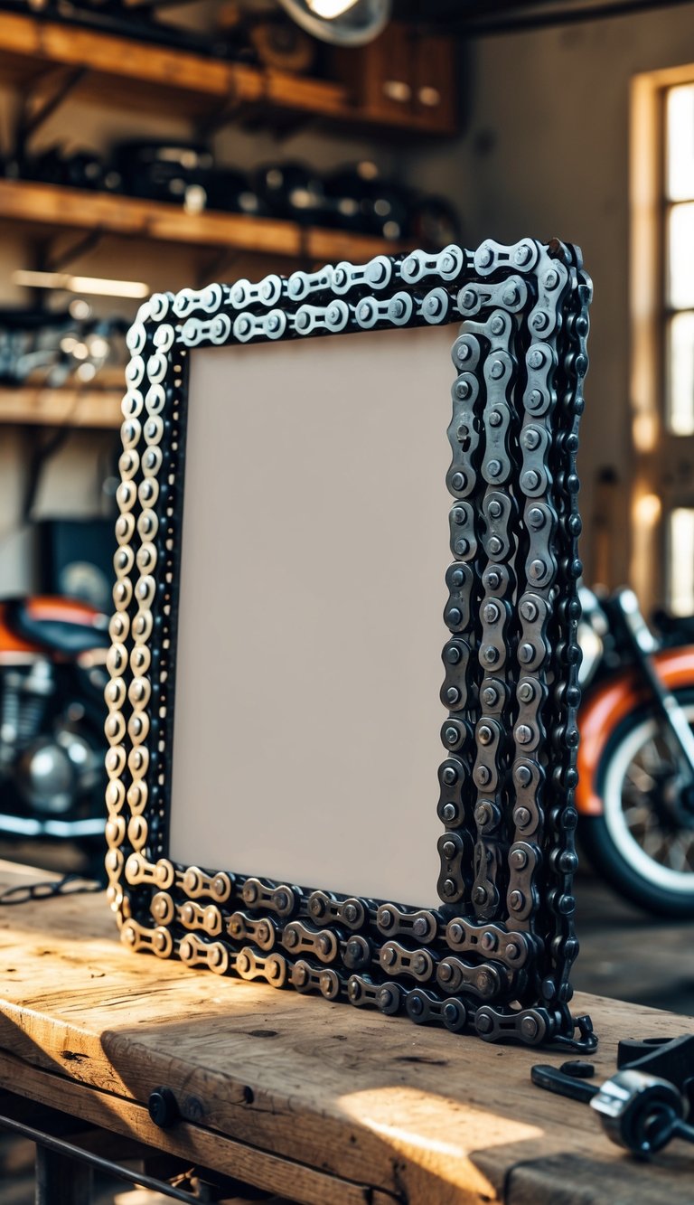 A reclaimed motorcycle chain picture frame displayed in a vintage motorcycle garage with classic motorcycles and tools in the background.