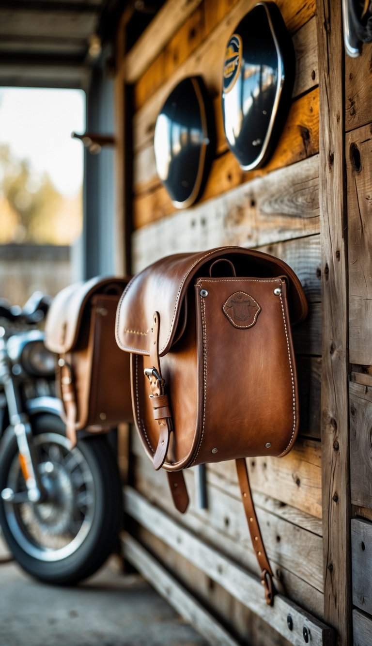 Leather saddlebags hanging on a wooden wall inside a vintage motorcycle garage.