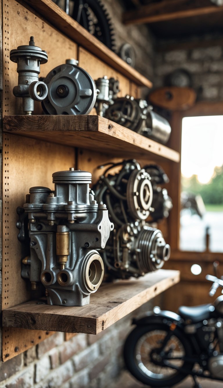 A wooden shelf holding vintage motorcycle engine parts against a brick wall in a garage.