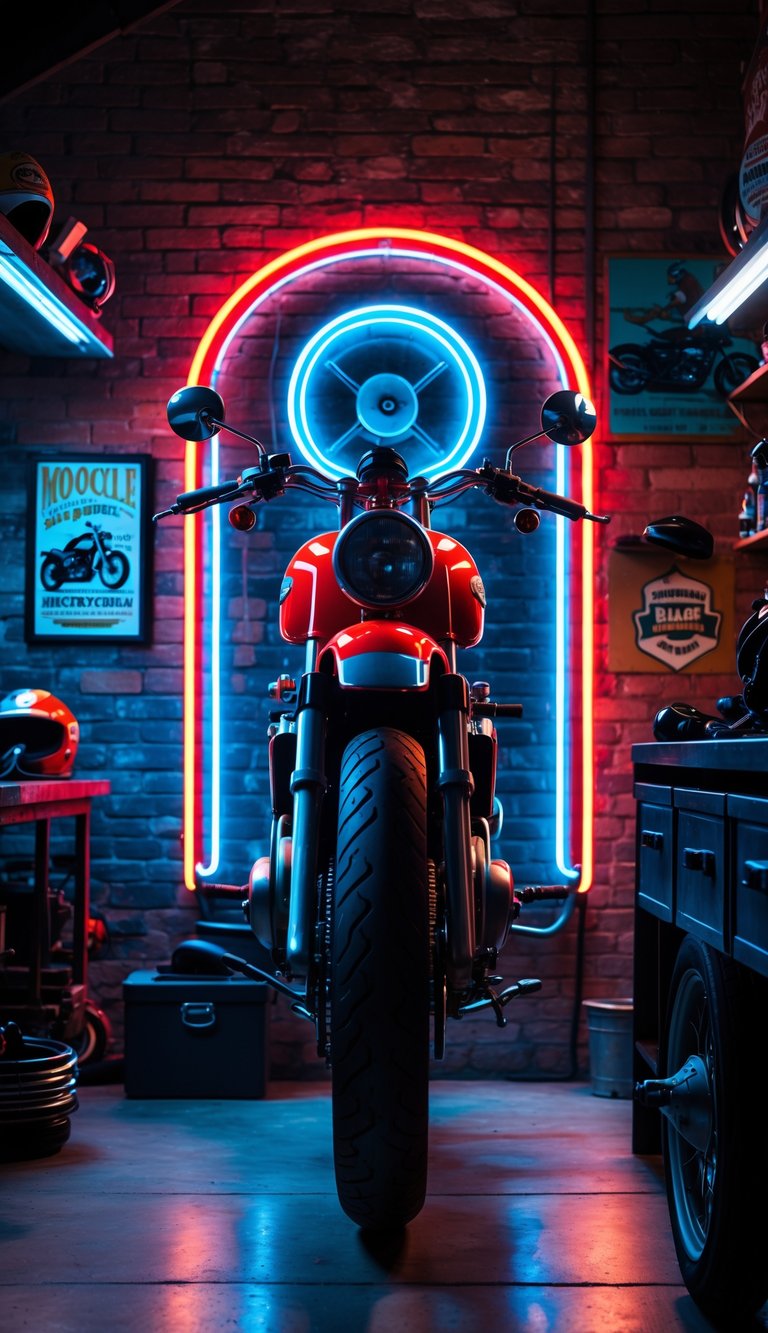 Neon motorcycle-shaped sign glowing on a brick wall inside a vintage motorcycle garage filled with helmets, tools, and motorcycle parts.