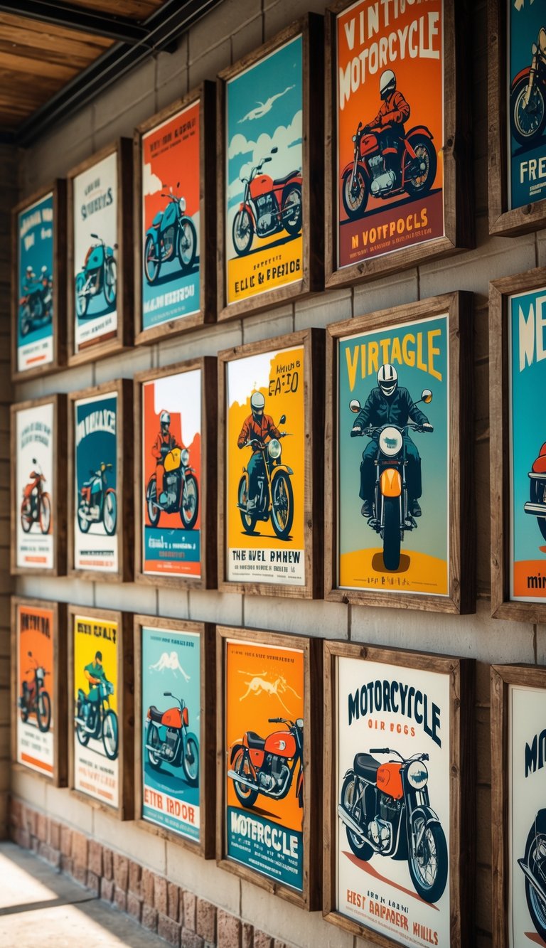 A wall displaying 15 framed vintage motorcycle posters arranged neatly in a garage setting.