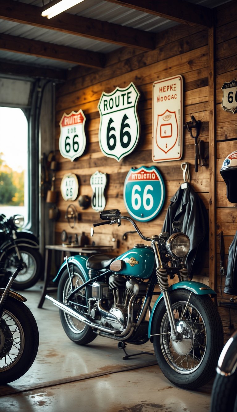 Interior of a vintage motorcycle garage with old road signs, retro helmets, leather jackets, and motorcycle parts arranged on wooden walls.
