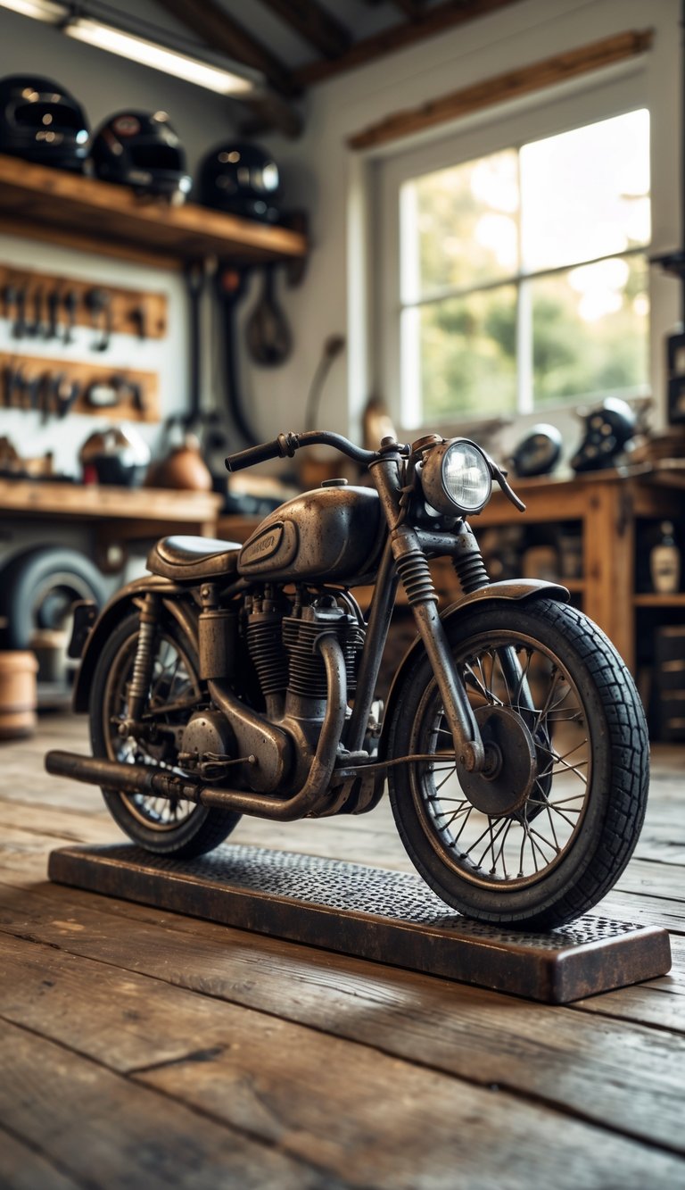 A cast iron motorcycle-shaped doorstop on a wooden floor inside a vintage motorcycle garage with helmets, oil cans, gloves, and tools in the background.