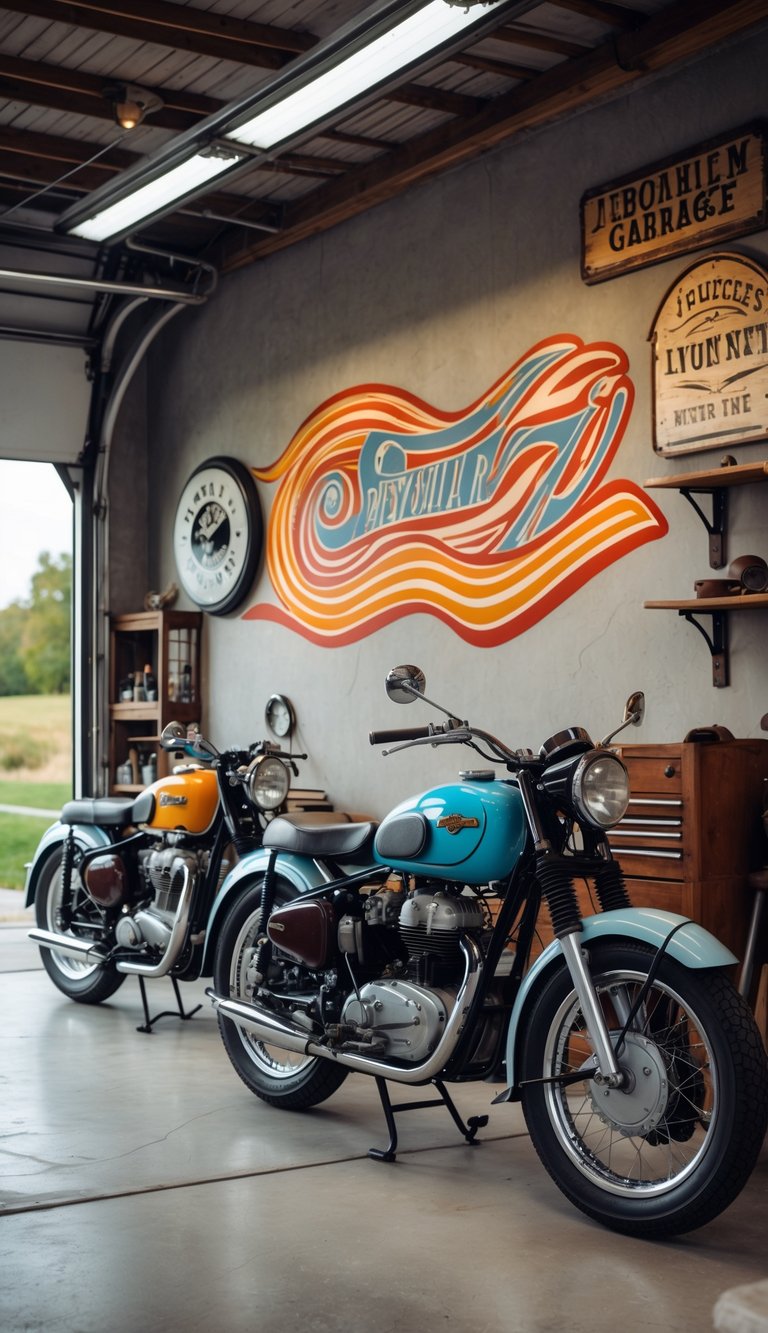 Interior of a vintage motorcycle garage with classic motorcycles and colorful hand-painted pinstriping artwork on the wall.