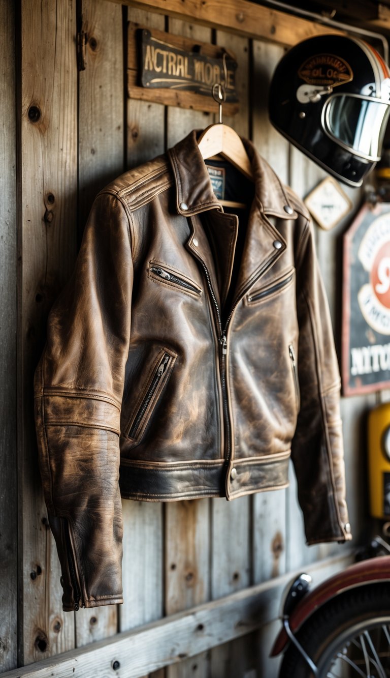 A worn leather motorcycle jacket hanging on a wooden wall inside a vintage motorcycle garage surrounded by helmets, gas cans, and tools.
